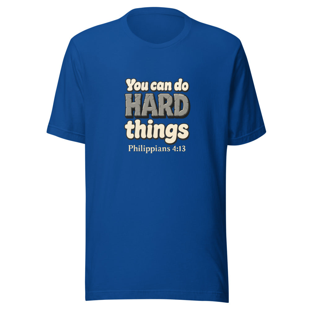 True Royal t-shirt printed with “You can do HARD things” in cracked stone letters and Philippians 4:13