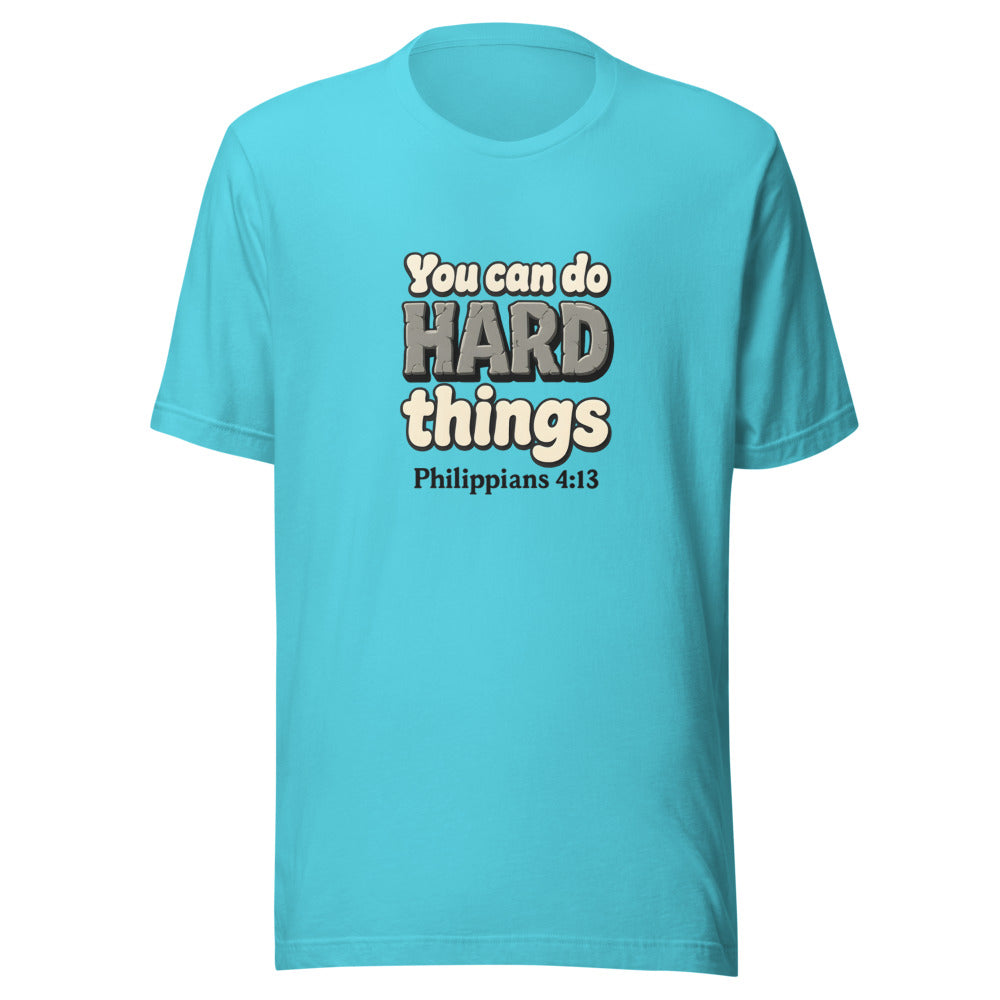 Turquoise t-shirt printed with “You can do HARD things” in cracked stone letters and Philippians 4:13