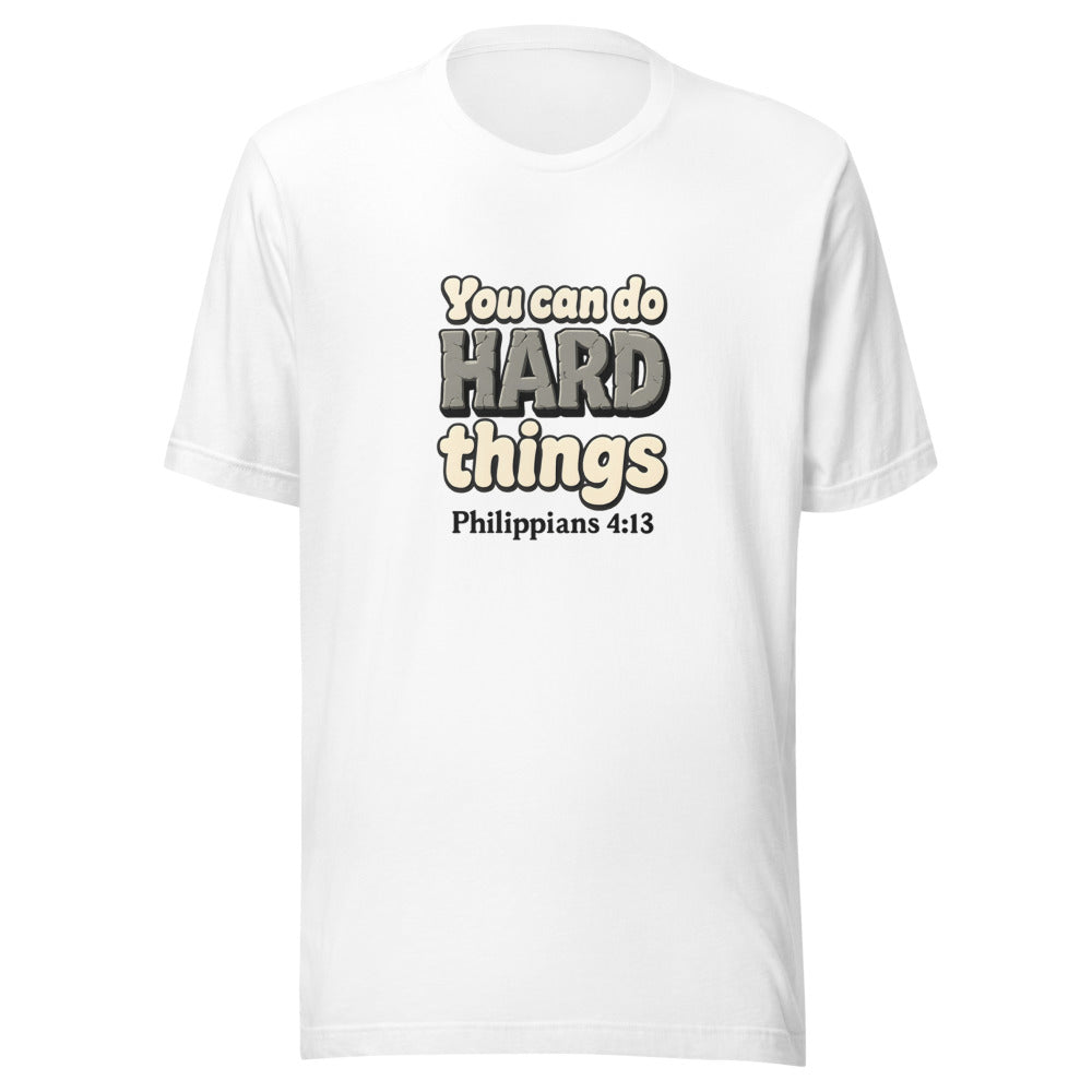 White t-shirt printed with “You can do HARD things” in cracked stone letters and Philippians 4:13